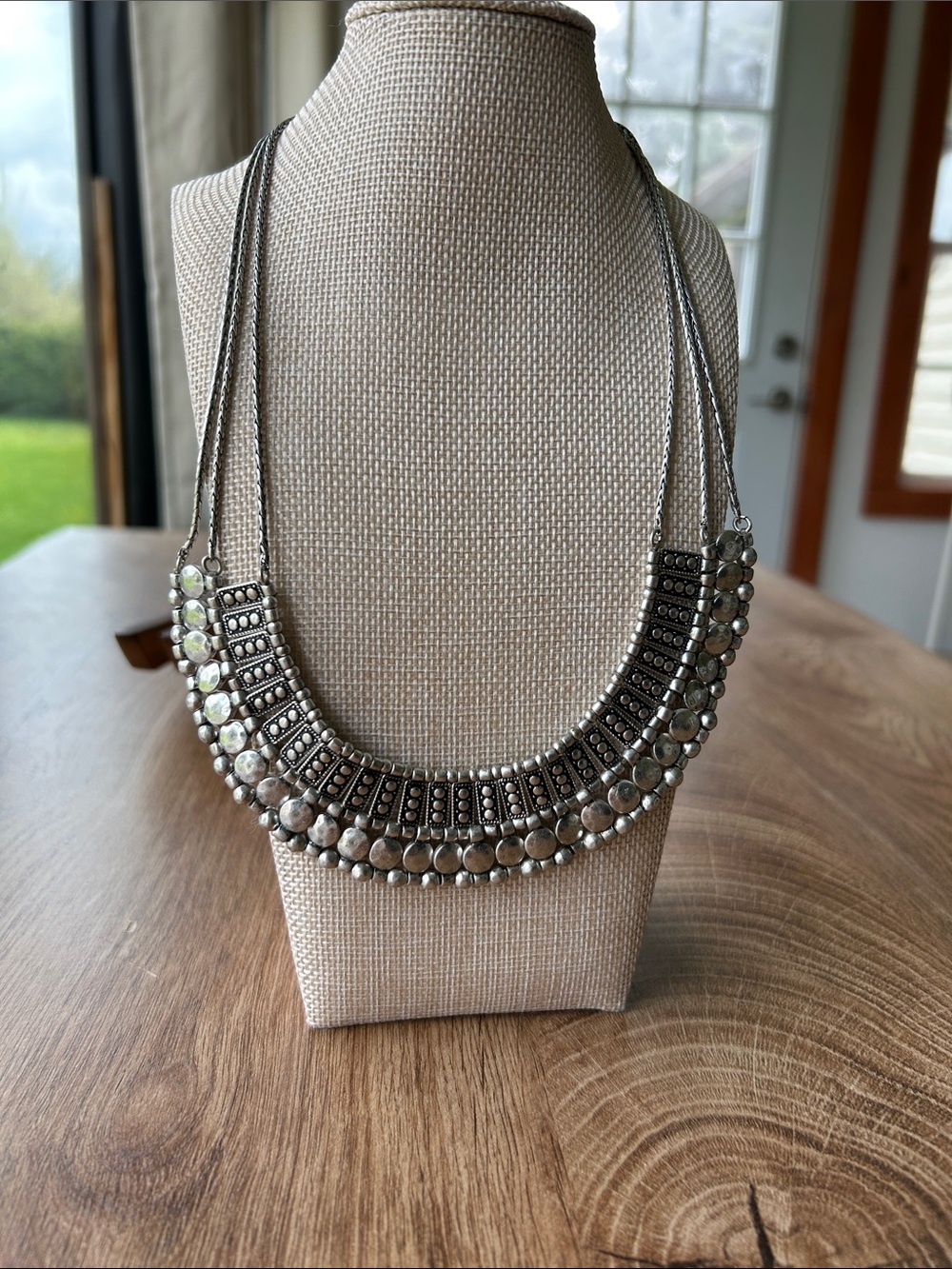Silver-Tone Statement Reversible Bib Necklace NWOT